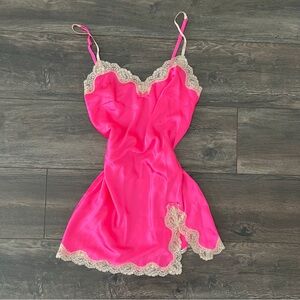 Victoria’s Secret Hot Pink Satin Slip Dress with Cream/Gold Trim